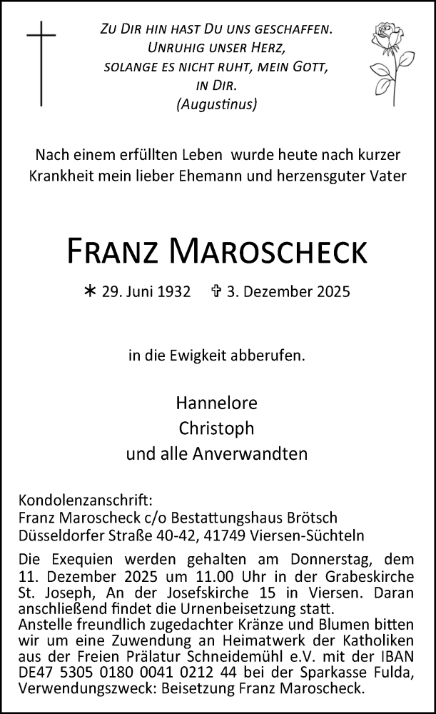  Traueranzeige für Franz Maroscheck vom 06.12.2025 aus Rheinische Post