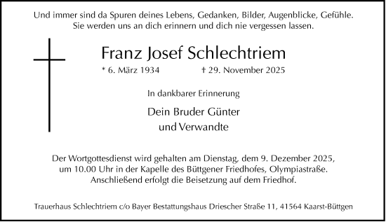 Traueranzeige von Franz Josef Schlechtriem von Rheinische Post