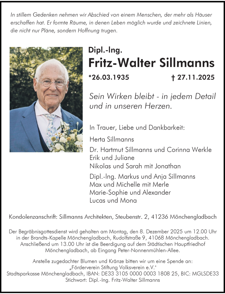  Traueranzeige für Fritz-Walter Sillmanns vom 06.12.2025 aus Rheinische Post