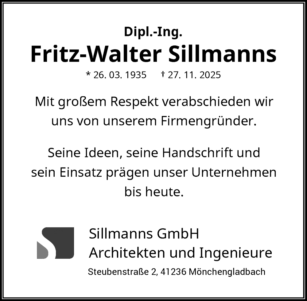  Traueranzeige für Fritz-Walter Sillmanns vom 03.12.2025 aus Rheinische Post