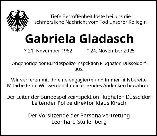 Traueranzeige von Gabriela Gladasch von Rheinische Post