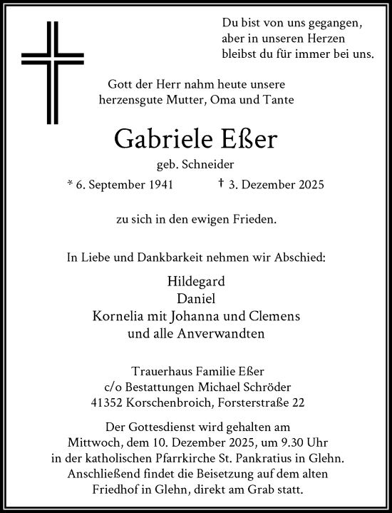 Traueranzeige von Gabriele Eßer von Rheinische Post