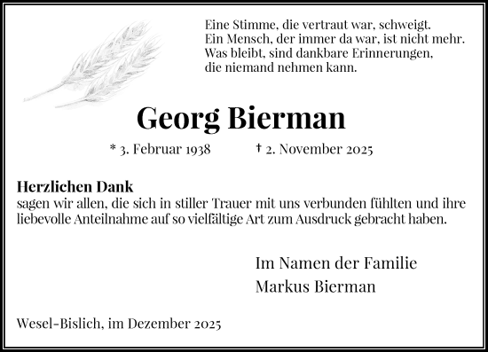 Traueranzeige von Georg Bierman von Rheinische Post