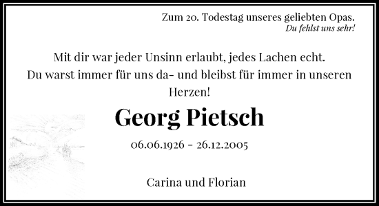 Traueranzeige von Georg Pietsch von Rheinische Post