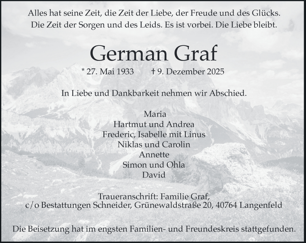  Traueranzeige für German Graf vom 20.12.2025 aus Rheinische Post