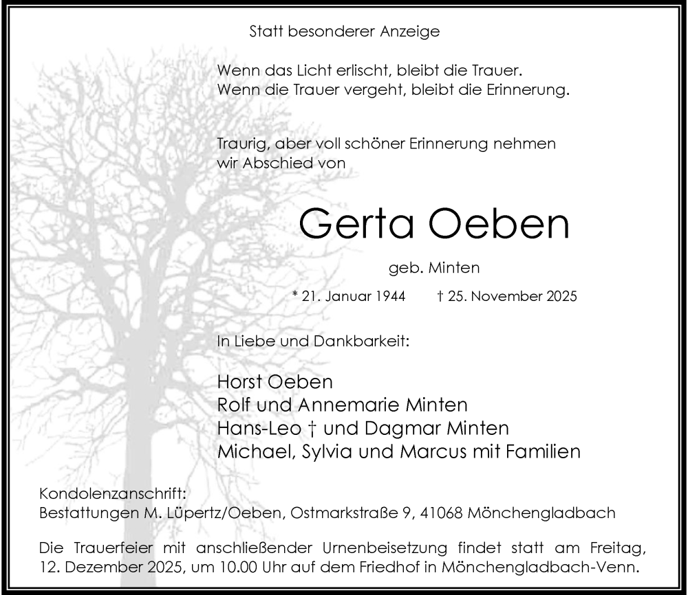  Traueranzeige für Gerta Oeben vom 06.12.2025 aus Rheinische Post
