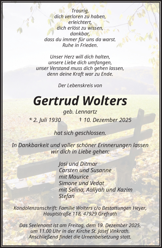 Traueranzeige von Gertrud Wolters von Rheinische Post