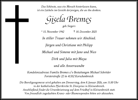 Traueranzeige von Gisela Bremes von Rheinische Post