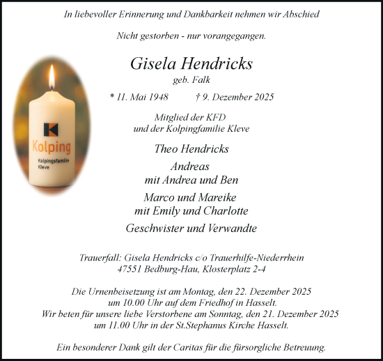 Traueranzeige von Gisela Hendricks von Rheinische Post