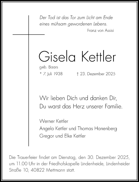 Traueranzeige von Gisela Kettler von Rheinische Post