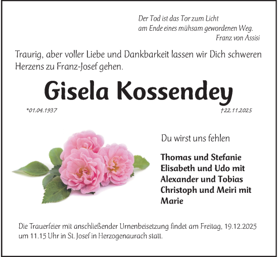 Traueranzeige von Gisela Kossendey von Rheinische Post