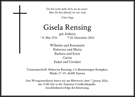 Traueranzeige von Gisela Rensing von Rheinische Post