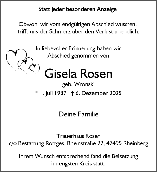 Traueranzeige von Gisela Rosen von Rheinische Post