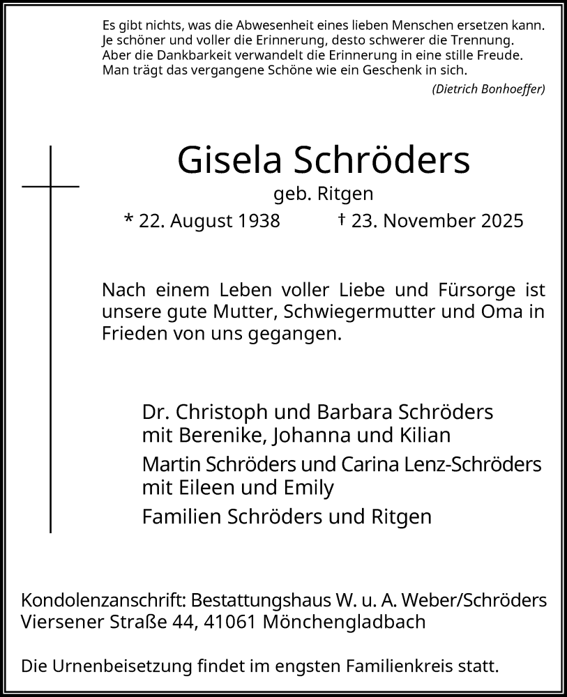  Traueranzeige für Gisela Schröders vom 06.12.2025 aus Rheinische Post