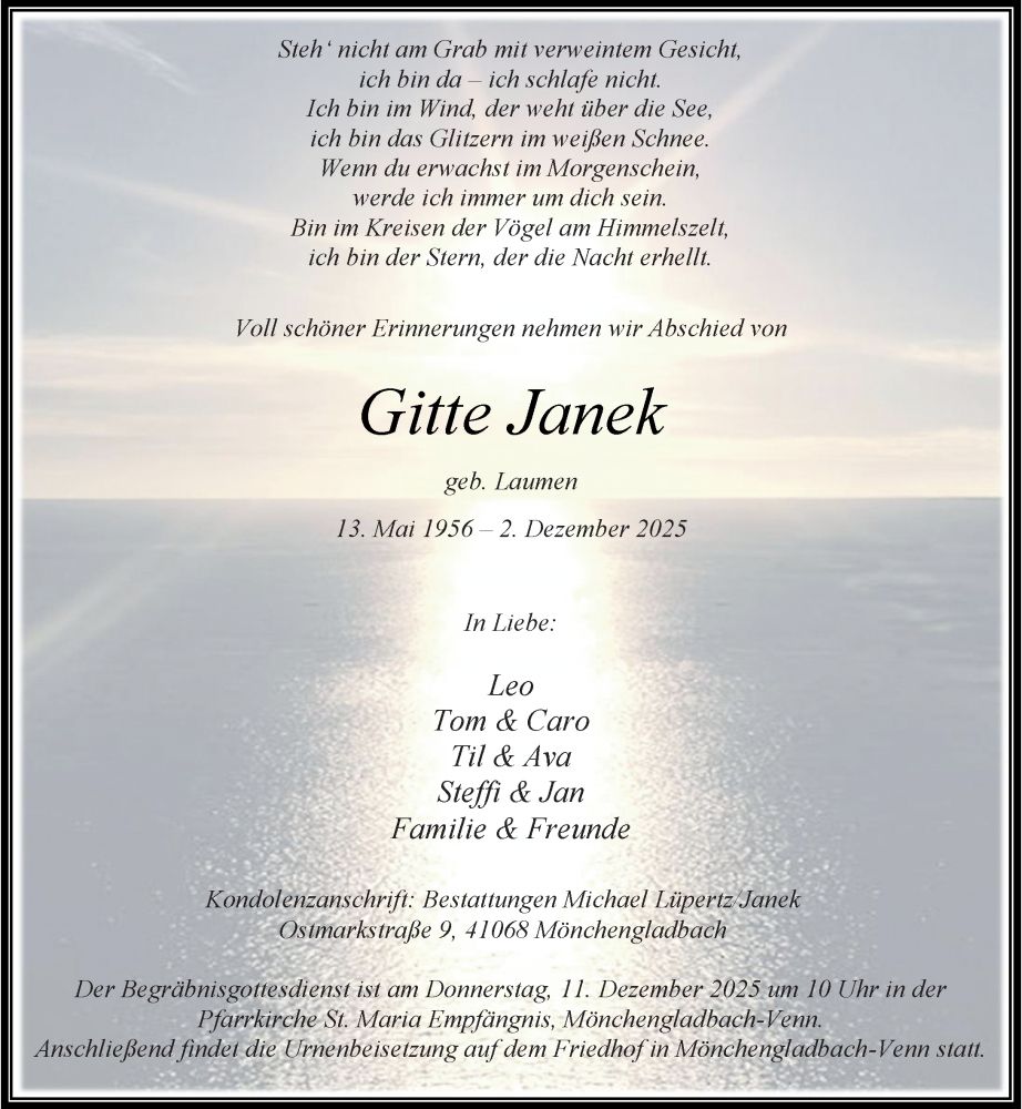  Traueranzeige für Gitte Janek vom 06.12.2025 aus Rheinische Post