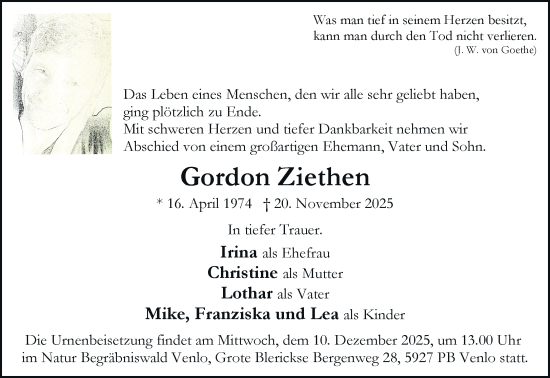 Traueranzeige von Gordon Ziethen von Rheinische Post