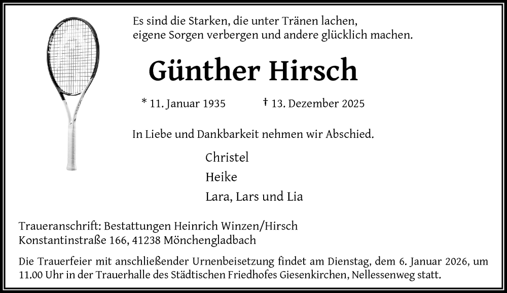  Traueranzeige für Günther Hirsch vom 27.12.2025 aus Rheinische Post