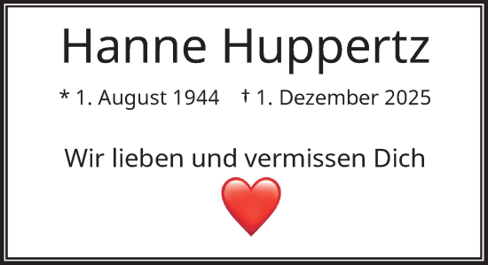 Traueranzeige von Hanne Huppertz von Rheinische Post
