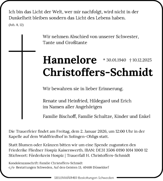 Traueranzeige von Hannelore Christoffers-Schmidt von Rheinische Post