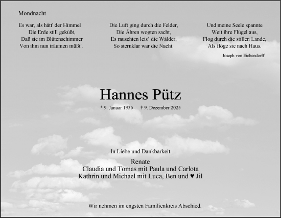 Traueranzeige von Hannes Pütz von Rheinische Post