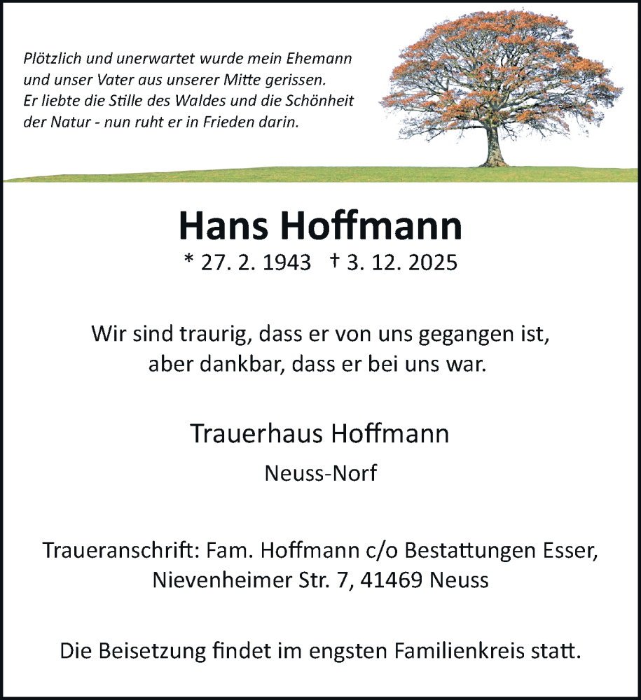  Traueranzeige für Hans Hoffmann vom 06.12.2025 aus Rheinische Post