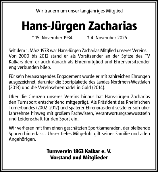 Traueranzeige von Hans-Jürgen Zacharias von Rheinische Post