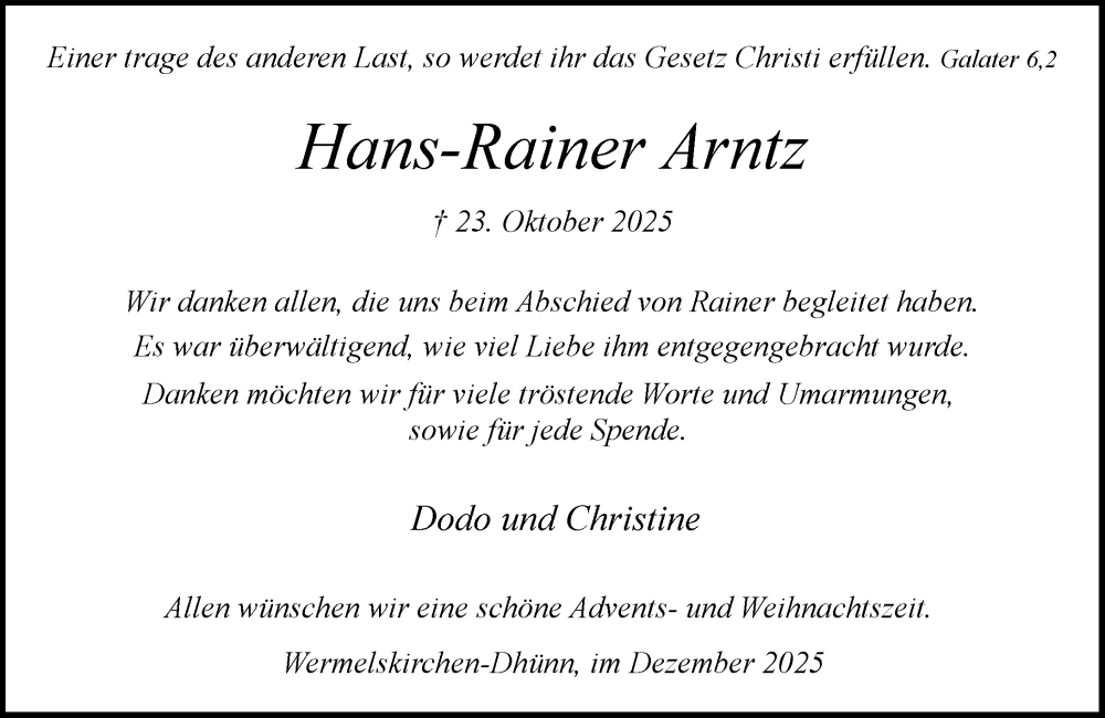 Traueranzeige für Hans-Rainer Arntz vom 13.12.2025 aus Rheinische Post