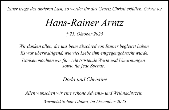 Traueranzeige von Hans-Rainer Arntz von Rheinische Post