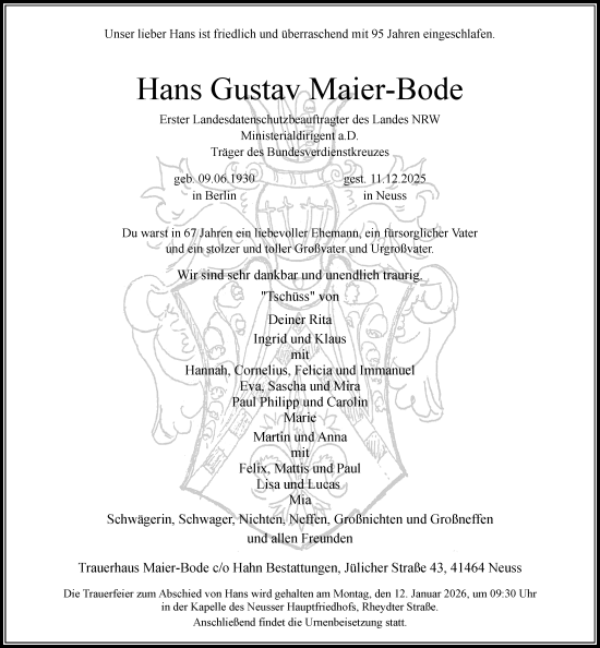 Traueranzeige von Hans Gustav Maier-Bode von Rheinische Post
