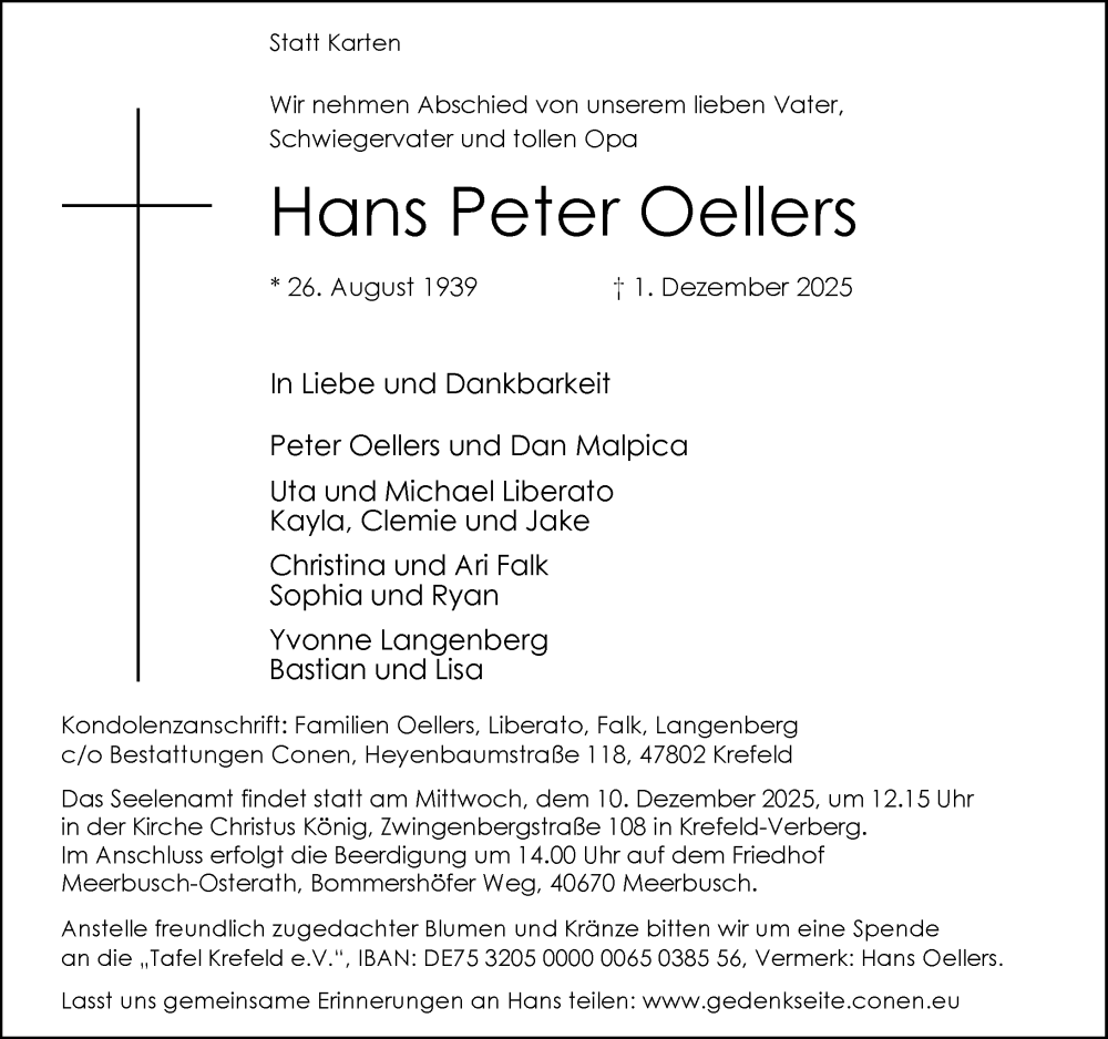  Traueranzeige für Hans Peter Oellers vom 06.12.2025 aus Rheinische Post