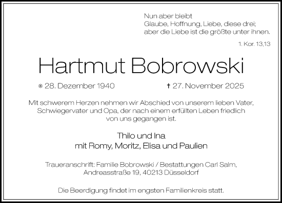 Traueranzeige von Hartmut Bobrowski von Rheinische Post