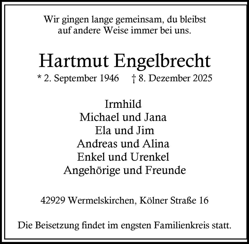  Traueranzeige für Hartmut Engelbrecht vom 20.12.2025 aus Rheinische Post