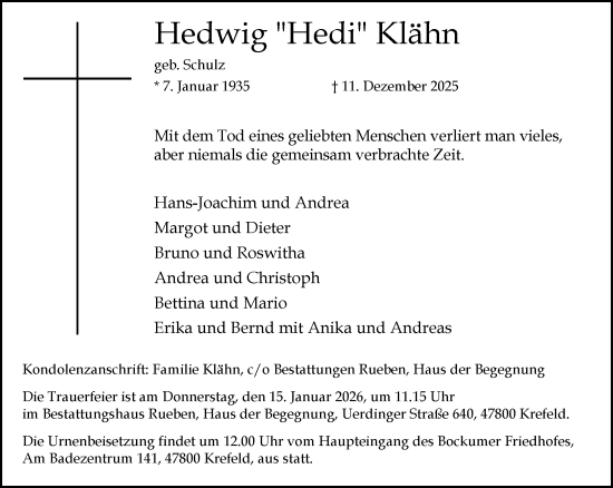 Traueranzeige von Hedwig Klähn von Rheinische Post