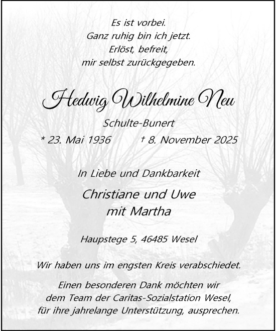 Traueranzeige von Hedwig Wilhelmine Schulte-Bunert von Rheinische Post