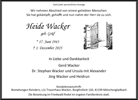 Traueranzeige von Heide Wacker von Rheinische Post