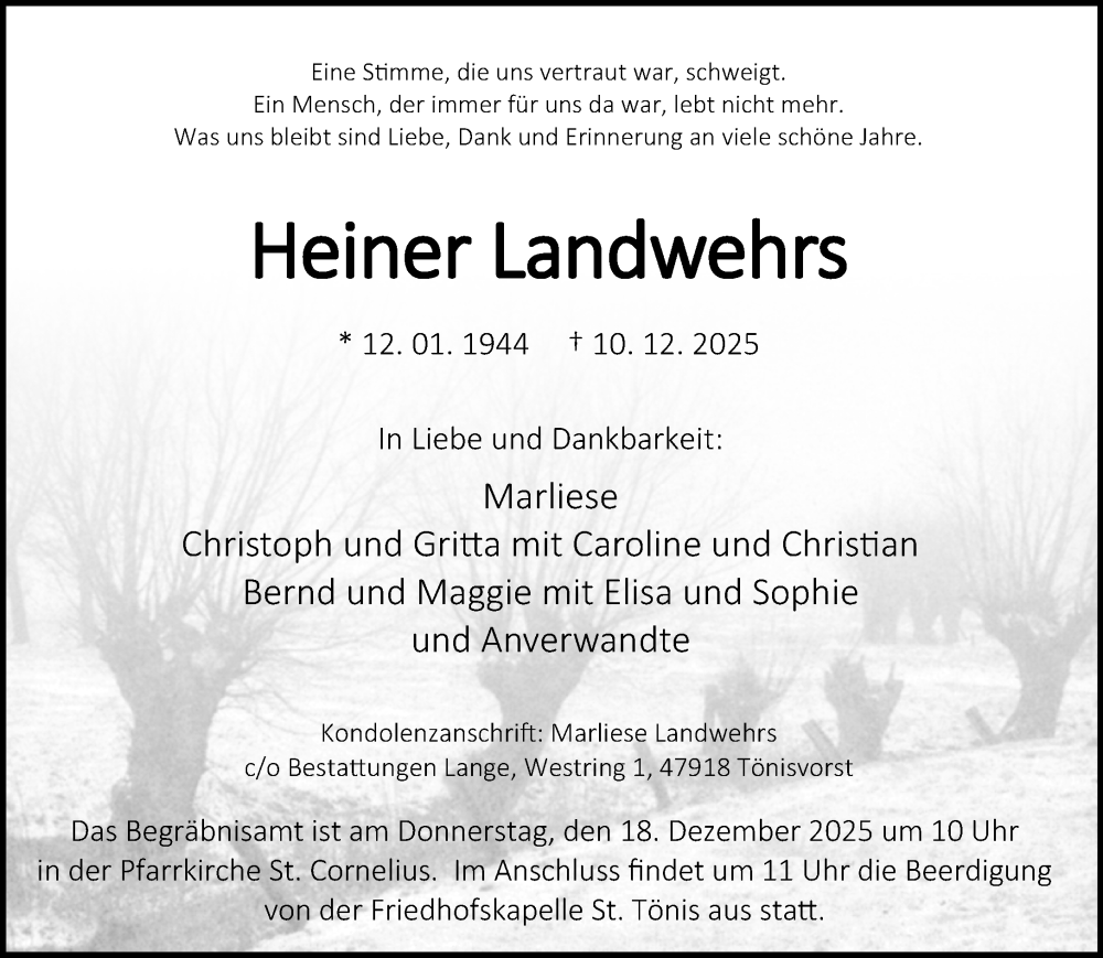  Traueranzeige für Heiner Landwehrs vom 13.12.2025 aus Rheinische Post