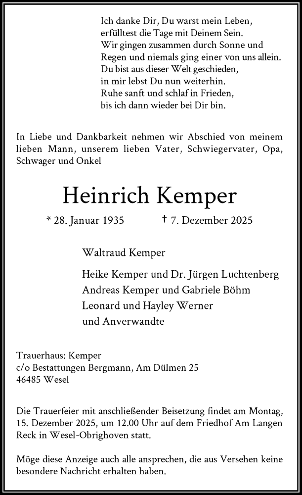 Traueranzeige für Heinrich Kemper vom 13.12.2025 aus Rheinische Post