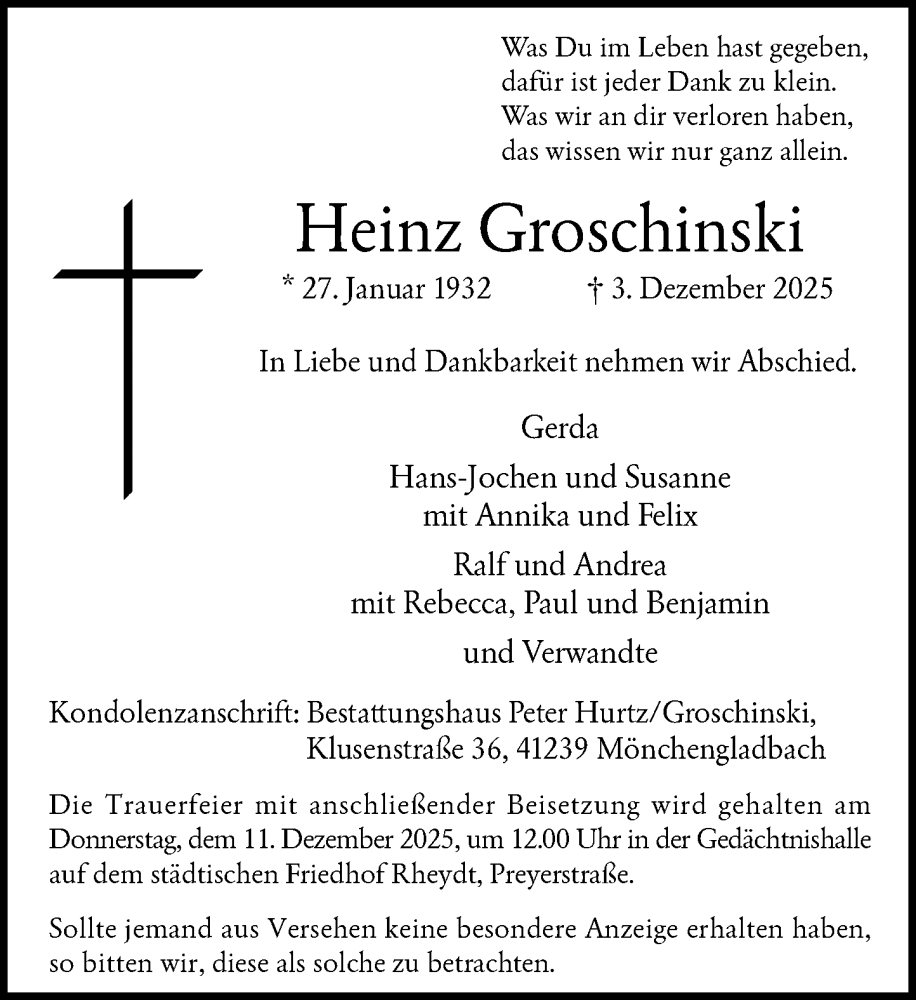  Traueranzeige für Heinz Groschinski vom 09.12.2025 aus Rheinische Post