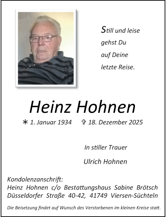 Traueranzeige von Heinz Hohnen von Rheinische Post