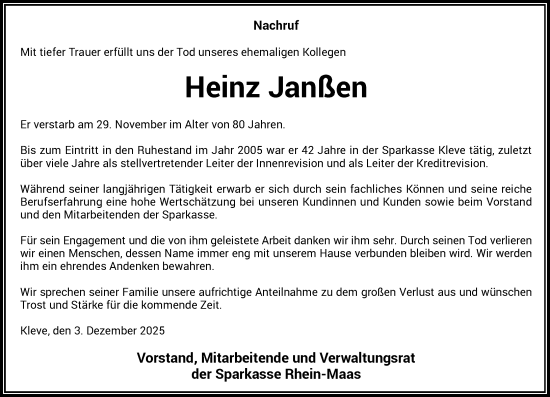 Traueranzeige von Heinz Janßen von Rheinische Post