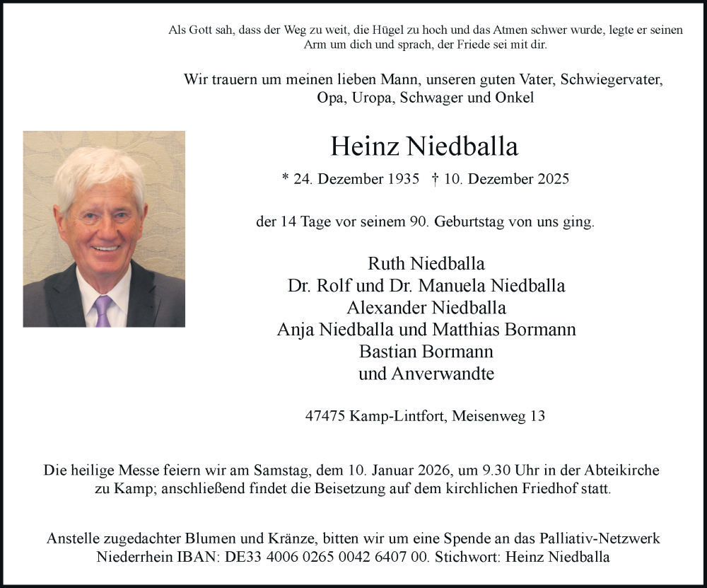  Traueranzeige für Heinz Niedballa vom 20.12.2025 aus Rheinische Post