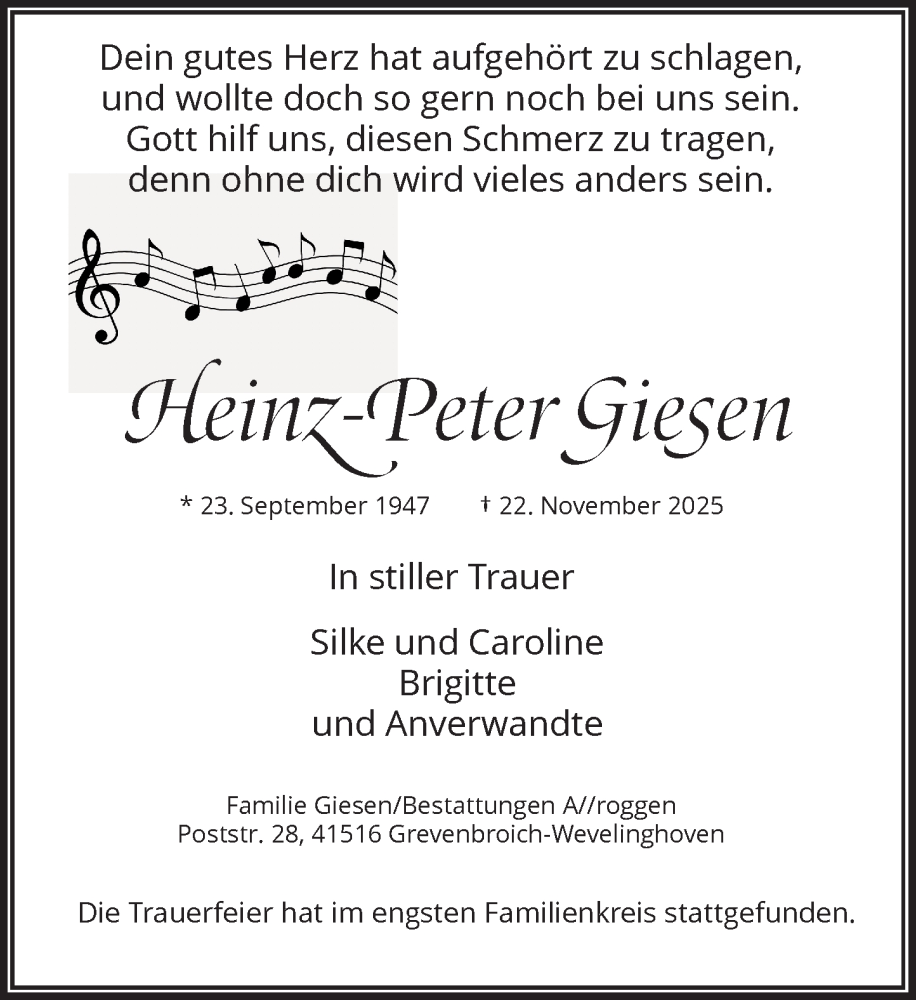  Traueranzeige für Heinz-Peter Giesen vom 13.12.2025 aus Rheinische Post