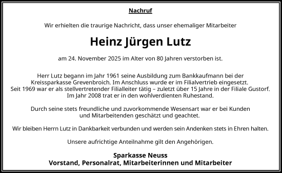 Traueranzeige von Heinz Jürgen Lutz von Rheinische Post