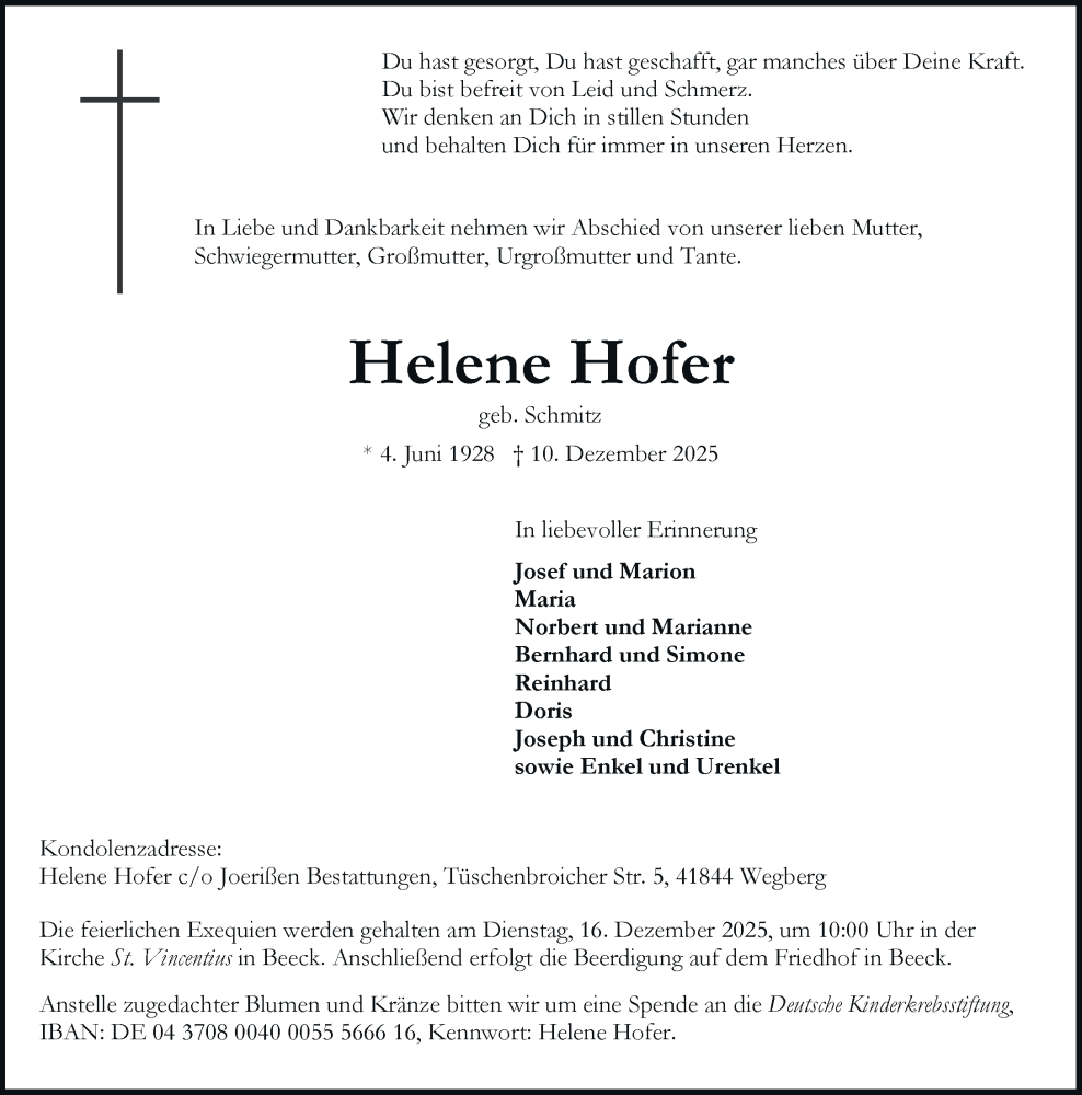  Traueranzeige für Helene Hofer vom 13.12.2025 aus Rheinische Post