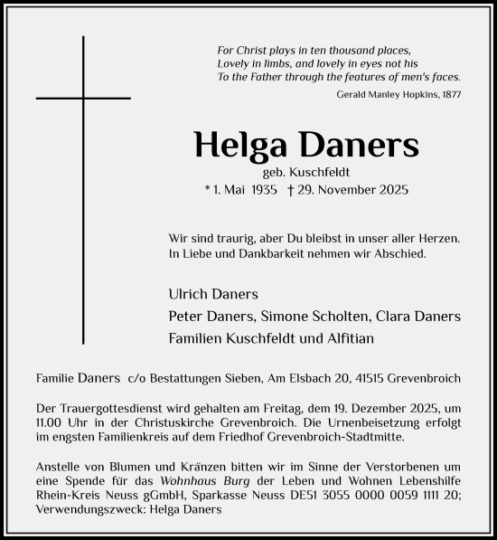 Traueranzeige von Helga Daners von Rheinische Post