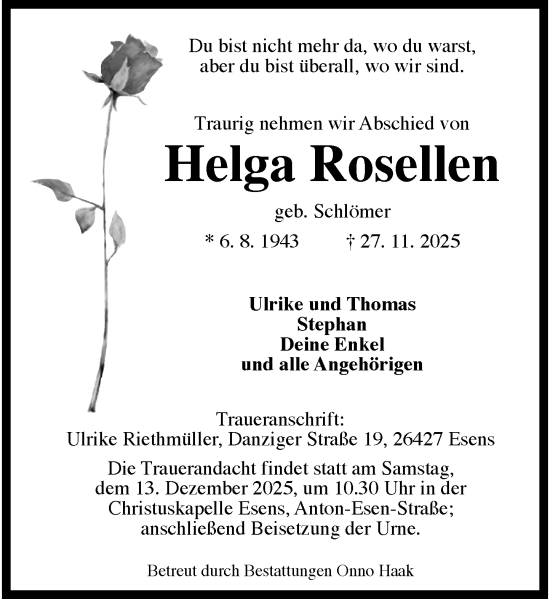 Traueranzeige von Helga Rosellen von Rheinische Post