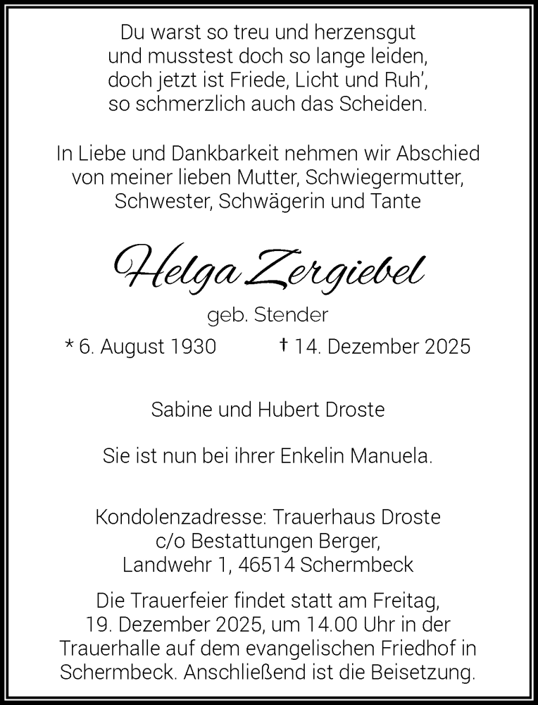  Traueranzeige für Helga Zergiebel vom 17.12.2025 aus Rheinische Post