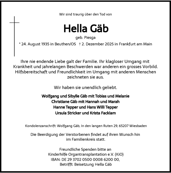 Traueranzeige von Hella Gäb von Rheinische Post