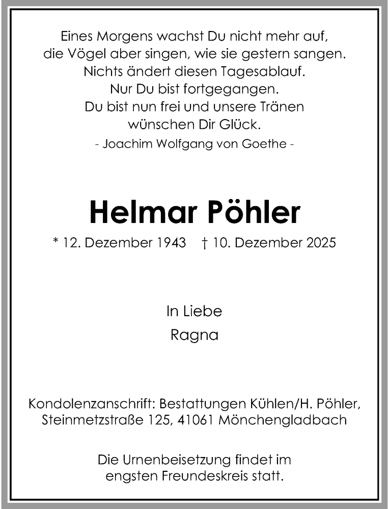  Traueranzeige für Helmar Pöhler vom 20.12.2025 aus Rheinische Post