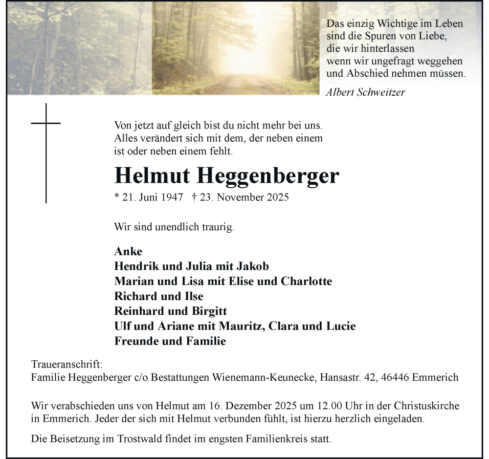  Traueranzeige für Helmut Heggenberger vom 13.12.2025 aus Rheinische Post